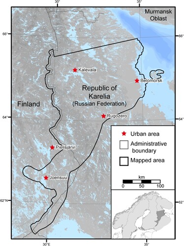 Figure 1. The Republic of Karelia, northwest Russia. The study area focusses on the Republic of Karelia with additional mapping in neighbouring Finland that captures complete landform assemblages. Topographic and bathymetric data in this figure are from the CitationEuropean Space Agency (2021), CitationGEBCO Compilation Group (2023) GEBCO 2023 Grid. Topography is shaded grey with darker shades representing higher ground and bathymetry is shaded blue with darker shades representing greater depth. Lake data are from the Esri World Water Bodies dataset. Inset: The Fennoscandian Peninsula shaded and mapped area shaded light and dark grey respectively.