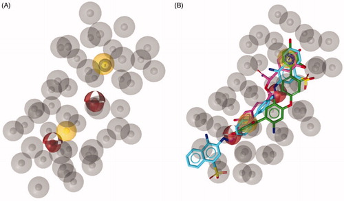 Figure 1. (A) Best scored ligand-based pharmacophore model constituted by two hydrogen bond acceptors (red spheres), two hydrophobic features (yellow spheres), one aromatic feature (blue circle). Forty-five excluded volumes are represented by grey spheres. (B) TS molecules aligned with the highest scored pharmacophore model.