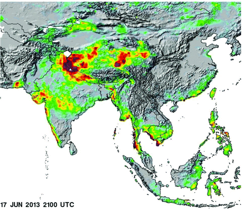 Figure 1 Tropical rainfall measuring mission (TRMM) of NASA showing rainfall on 17 June 2013 (Source: http://trmm.gsfc.nasa.gov). The violet colour indicates rainfall of about 350 mm. White triangle denotes the location of Kedarnath