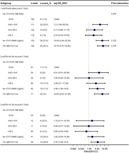 Figure 3. Forest plot illustrating the adjusted OR for in-hospital deaths in different renal function groups stratified by CK-MB, hs-cTnT and their ratio. The analysis employed a fully adjusted model (adjusts for age, gender, diagnosis at discharge, hypertension, diabetes, hyperuricemia, current smoker, drinking, stroke history, PCI history, Killip classification, heart rate, hemoglobin, ejection fraction, Nt-proBNP, number of diseased vessels, potassium).