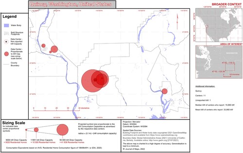 Figure 4. Data centers in Quincy. A map of Quincy, Washington with 11 opaque circles plotted over the underlying country. Each circle corresponds to the location of a data center. Red opaque circles vary in size to reflect the kilowattage capacity of the data center in that location. Their radii are based on the following formula: (0.1 m)*(kW Consumption Capacity). Quincy’s data centers have a diverse range of radii, some boasting capacities as high as 100,000 kW, the equivalence of 80,000 residential homes based on 2020 figures from the EIA. Per the USA Census Bureau, Quincy Washington in 2019 had a population of nearly 8,000 people. Black opaque circles represent data centers whose kW capacities were not reported and could not be found. Quincy’s data sheet only had one center with an unreported kW capacity.