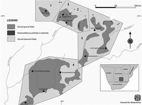 Figure 1. The alluvial diamond fields are divided into (1) the Mafikeng-Molopo or Northeastern field; (2) Lichtenburg-Bakerville or Northern field; (3) the Ventersdorp-Potchefstroom-Klerksdorp or Eastern field and (4) the Christiana–Schweizer-Reineke–Wolmaransstad–Bloemhof or Southern field (4). (Source: M. Wilson, G. Henry and T. Marshall, ‘A Review of the Alluvial Diamond Industry and the Gravels of the North West Province, South Africa’, South African Journal of Geology, 109, 3 [2006], p. 302.)
