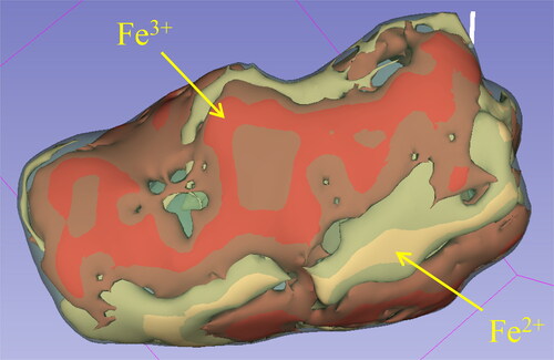 Figure 7: The distribution of Fe oxidation states on the surface of the meteorite reconstructed from CT-XAFS using BL11S2 [5].