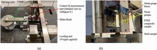 Figure 3. Images of (a) set-up of the reciprocating sliding wear rig and (b) detailed view of the contact and measurement.