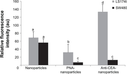 Figure 9 Relative fluorescence intensities of LS174t and SW480 tumors labeled with nonconjugated, peanut agglutinin-conjugated, and anticarcinoembryonic antigen antibody-conjugated particles.Notes: Data are presented as the mean value ± standard error. Values not sharing a common letter (a, b, c, or d) differ significantly from each other (P<0.05). The calculations are an average of three experiments.Abbreviations: PNA, peanut agglutinin antibody; CEA, carcinoembryonic antigen antibody; au, arbitrary units.