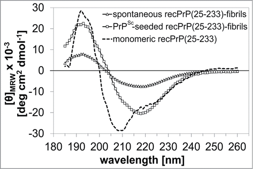 Figure 3. Secondary structural properties. As revealed by CD-spectroscopy, the secondary structural transition of monomeric ovrecPrP(25 233) due to spontaneous and PrPSc-seeded fibrillation results in spectral minima at 218 nm typical for β-sheets. Zero crossings at 204 nm and spectral maxima at 193 nm are probable to indicate additional α-helical/random coil elements. For comparison, a spectrum of α‑helical monomeric ovrecPrP(25-233) is also presented. All given values are mean residue molar ellipticities ([θ]MRW).