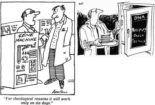 Image 2. Left) New Scientist, 29th January 1981, 261. This cartoon accompanies an article on the ‘seamier’ side of DNA synthesis machines, i.e. that some of the commercial players are not to be trusted and that experience with machines has not always matched expectations. This helps evidence the kind of world that professional members of the synthesis knowledge community came to occupy. Right) New Scientist, 23rd May 1985, 22. This cartoon accompanies an article on recent improvements in synthesis capacity developed in Germany which are explicitly contrasted with the ‘limitations’ of the ABI machine. The first cartoon to feature DNA synthesis in New Scientist was published 24th October 1963, p. 224 by the cartoonist Bax, whose identity could not be uncovered.
