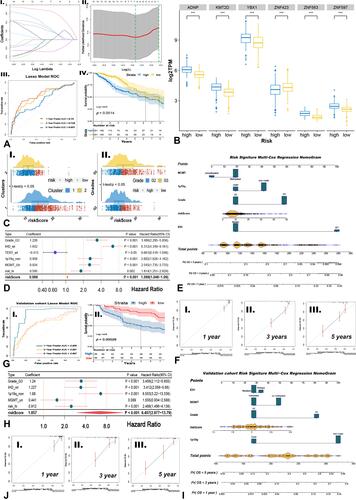 Figure 3 Training predicted model and developing nomogram followed by validation. (A) Lambda value of lasso predicted model (I~II), ROC curve to validate lasso predicted model (III), and survival curve between high/low-risk group generated by lasso algorithm (IV). (B) Gene expressed distribution of kTFs between high/low-risk groups via t-test (***p<0.001). (C) The risk levels between Cluster1/2 (I) and grades (II). (D and H) Uni-Cox analysis of clinical signatures and risk levels via training cohort (D) and validation cohort (H). (G) ROC curve to validate lasso predicted model (I) and survival curve between high/low-risk group in validation cohort. (E and I) Nomogram based on independent indicators of training cohort (E) and validation cohort (I). (F and J) Calibration curves of nomogram in training cohort (F) and validation cohort (J).