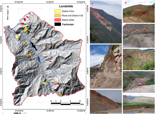 Figure 3. Hillside movements in the study area. Debris slide (a, d, e and f), rock and debris fall (b and c), creep (g), and lateral undercutting (h), products of the course of the channel of Chicamocha River (Provided by Jorge Leonardo Chaparro).