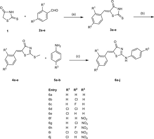 Scheme 1. Synthesis of (Z)-5-(substituted benzylidene)-2-((substituted phenyl)amino) thiazol-4(5H)-one (6a–j)a. aReaction condition: (a) Sodium acetate (1 mmol), 1 mL acetic acid, reflux 2–4 h. yields 90–44%, (b) iodomethane (1.5 mmol), triethylamine (1.2 mmol), 1 mL ethanol, stirring room temperature, 10–15 min. yields 90–95%. (c) Methanol, potassium carbonate, stirring at room temperature, 5–7 h.