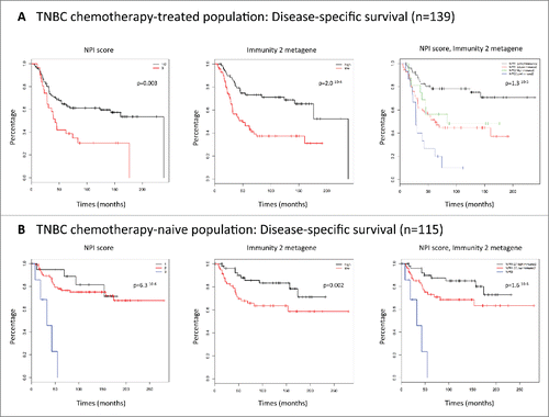 Figure 3. (A) Kaplan–Meier plots. Disease-specific survival of the chemotherapy-treated population (n = 139). NPI score. Immunity2 metagene. NPI score/Immunity2 metagene. (B) Kaplan–Meier plots. Disease-specific survival of the noCT population (n = 115). NPI score. Immunity2 metagene. NPI score/Immunity2 metagene.