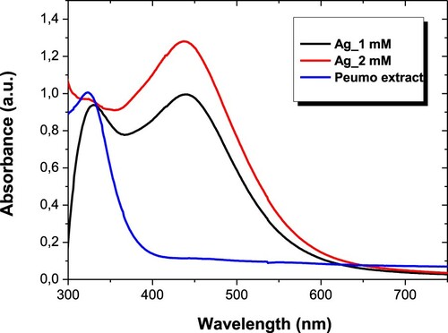 Figure 1. UV-vis absorption spectra of AgNPs biosynthesized with different concentrations of AgNO3 and aqueous Peumo extract.