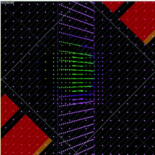 Figure 2.  The planned BEV of the Delta4 phantom at one of the 177 control points of the state (1) measurement of the lung plan, shown in the Delta4 software. The dots represent the diode positions seen from the BEV (provided that the actual setup of the phantom agrees with that chosen in the software). In the software the dots have different colors depending on measured dose. By comparing the planned BEV with the dose measured by the diodes it is possible to detect spatial deviations in the dose delivery from that expected, step by step, at each control point.