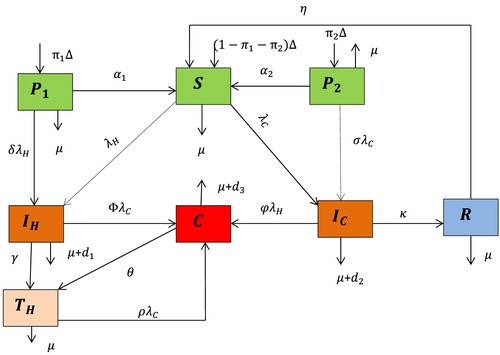 Figure 1. Schematic diagram of HIV/AIDS and COVID-19 transmission dynamics with λH(t) and λC(t) given in (1) and (2), respectively.