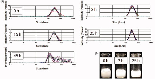 Figure 3. Measurements of nanobubbles (NBs) made with perfluoropropane gas (C3F8) and left at atmospheric pressure for different time points. (A) NB size distribution histograms; 10 measurements over 25 h. (B) The visual appearance of NBs at 0, 3 and 25 h post exposure of the NBs to the atmospheric pressure conditions.