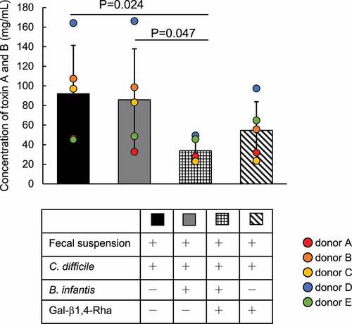 Figure 4. Inhibition of the production of CD toxins A and B by the combination of Gal-β1,4-Rha and B. infantis in fecal culture