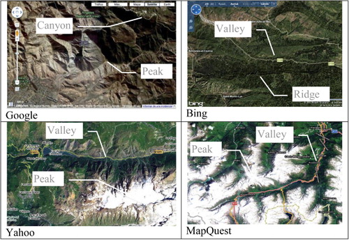 Figure 5. Examples from four different online map providers demonstrating that the terrain reversal effect can be found in many of the current services (web services accessed in June 2014).