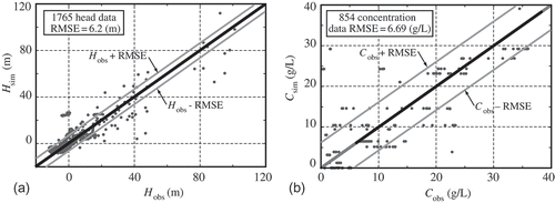 Fig. 4 Scatter plot showing the fits between the observed and calculated concentrations: (a) heads (m) and (b) salt concentrations (g/L). In both cases, observed values ±RMSE (root mean squared error) are also shown.