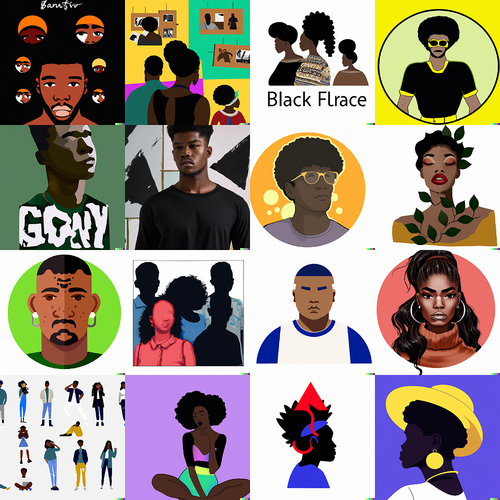 Figure 6. A sample set of 16 images generated by DALL-E 2 with a prompt “Black people in visual culture.”