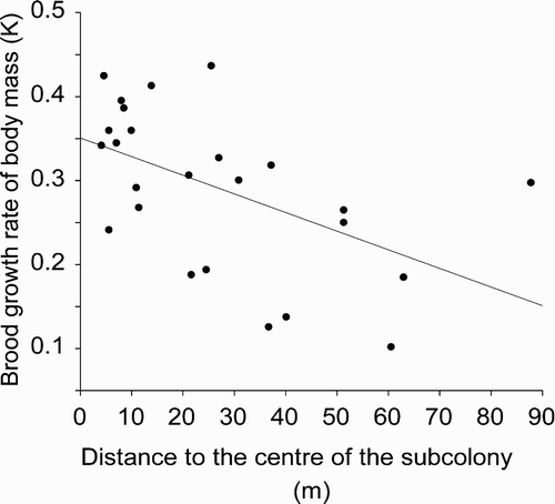 Figure 1. Relationship between brood growth rate of body mass expressed by the parameter K of the fitted logistic curve and distance to the centre of the subcolony in the Whiskered Tern chicks at Jeziorsko reservoir.