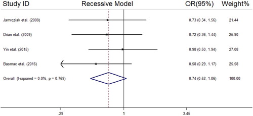Figure 3. Forest plot of association between MDR1 (rs1045642 C > T) SNP and MM risk under the recessive model.