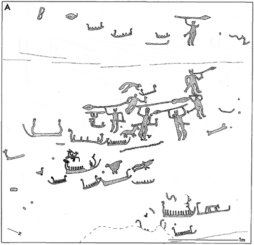 Figure 11. A drawing of the various horned and non-horned weapon-bearing figures observed at Bro Utmark. As one can see, the horned figures are placed centrally in the motif with a particular emphasis on their weapons and how they are wielding them. As stated in the paper, John Coles suggests that their bearing seems to give off an impression of waving. (Coles, Citation2004)