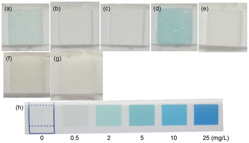 Figure 11. Optical images of a piece of H2O2 semi-quantitative test paper placed on the surface of (a) Mpol-, (b) OCP- and (c) HAp-AZ31, (d) Mpol-pure Mg and (e) Mpol-pure Ti. Optical images of a test paper moistened with (f) 2 mol l−1 MgCl2 solution and (g) Mg(OH)2 suspension. (h) Color samples at various H2O2 concentrations.