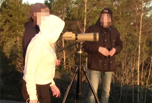 Figure 5. Students encountering grouse and binoculars in the early morning light.