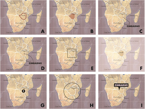 Figure 5. Visual accenting techniques for focusing attention. I use the term ‘visual accenting’ to describe a range of design techniques used to focus visual attention on specific features in the display. The figure provides nine visual accenting solutions for focusing attention on Zimbabwe in Southern Africa. (A) Highlighting on polygon stroke (colour hue). (B) Highlighting on polygon fill (colour hue). (C) Leader lines with label. (D) Flow arrow with label. (E) Geometric frame. (F) Opacity mask. (G) Numbering. (H) Scale change. (I) Call-out with label. Many dynamic techniques also exist for focus attention (not illustrated), such as blinking or flickering, dynamic panning and zooming, and focus + context visualization.