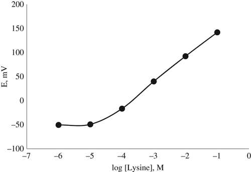 Figure 3. The calibration graphs of lysine biosensor. The study was carried out with 10 − 1–10 − 6M lysine calibration solutions in 10 mM TRIS buffer (pH 7.5).