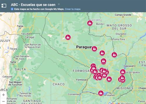 Figure 1. Map of falling schools. Adapted from “Escuelas Que Se Caen”, 2023, in ABC. Retrieved from https://www.abc.com.py/especiales/escuelas-que-se-caen/.