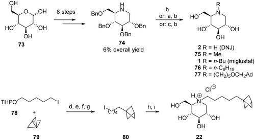 Scheme 1. Synthesis of deoxynojirimycin (DNJ)-derived α-glucosidase inhibitors. Reagents and conditions: a) R1CHO, H2 (1–4.2 atm), 10% Pd/C, 70–91%; b) H2 (1–4.2 atm), 10% Pd/C, 70–100%; c) n-BuBr, K2CO3, DMF, 80 °C, 69%; d) MeLi, –40 °C, Et2O, 100%; e) TBTH, AIBN, PhH, 80 °C, 88%; f) p-TsOH, MeOH, 95%; g) PPh3, I2, imidazole, THF, 88%; h) 74, K2CO3, DMF, 80 °C, 86%; i) H2 (4 atm), Pd(OH)2/C, HCl, MeOH, 98%. Ad = adamantane-1-yl.