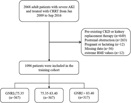 Figure 1. Flow diagram for cohort recruitment. AKI: acute kidney injury; BMI: body mass index; CKD: chronic kidney disease; CRRT: continuous renal replacement therapy; GNRI: Geriatric Nutritional Risk Index.