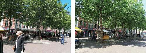 Figure 8. Brabanstse Turfmarkt current situation (L) and design alternatives (M/R) no physical changes were made. It is aimed to test if participants prefer to have the local market on the street or not.