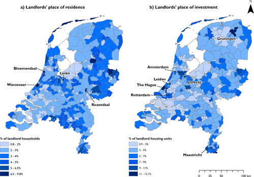 Figure 1. The geographies of landlordism: where landlords live (panel a) and where they own property (b). Source: Adapted from (Hochstenbach, 2022a), SSD data.