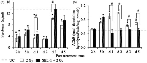 Figure 3. Radiation-induced changes and their modification by Hippophae leaf extract (SBL-1) on the levels of (a) serotonin and (b) acetylcholinesterase (AChE) in brain tissue of rats. Data are presented as mean ± SD of six rats in each group. *significantly different in comparison with untreated control (UC, group I) at p < 0.05 and #significantly different in comparison with 2 Gy (group II) at p < 0.05.