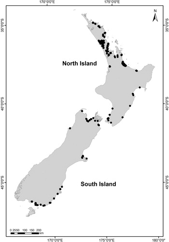 Figure 1. The location of New Zealand estuaries (and sites) from where intertidal benthic ecological (physico-chemical and biological) health indicator data in this study were obtained.