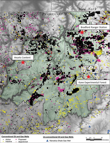 Figure 1. Location of oil and gas wells and the three air monitoring sites within the ANF (shaded green).