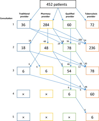 Figure 1. The pathways patients followed to reach tuberculosis service in Ebonyi State, Nigeria, 2011. Source: Adapted from the format in Kapoor et al. (Citation2012).