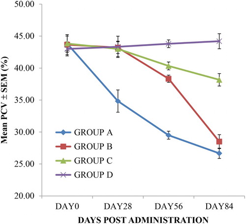 Figure 1. The PCV values of rats given oral sub-chronic amitraz administration (range = 33–55%). Group A treated with amitraz at the dosage of 10.0 mg/kg body weight. Group B treated with amitraz at the dosage of 2.0 mg/kg body weight. Group C treated with amitraz at the dosage of 0.4 mg/kg body weight. Group D treated with water at the dosage of 10.0 mL/kg. Treatment was done daily using the oral route and a total of four different observations were made.