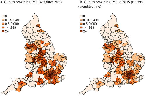 Figure 3. Clinics rate within 25 km per 10,000 women aged 18-50, weighted by the volume of IVF provision.