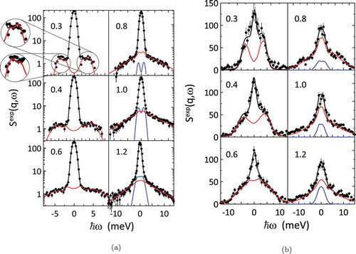 Figure 9. Experimental dynamic structure factor of liquid Hg versus exchanged energy, at the different values of the measured wavevector transfers q. Panel (a): neutron measurements [Citation159]; panel (b): x-ray scattering [Citation160]. The neutron spectra are plotted on log-scale to emphasize the inelastic features. The black full lines are the best-fitting curves obtained by the interacting modes model limited to 2 modes. Contribution from mode ”1”: red line; contribution from mode ”2”: blue line. The enlarged view of the top left spectrum in panel (a) shows the ability of the model to reproduce details of the lineshape