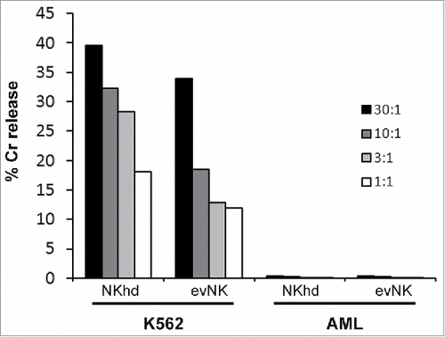 Figure 5. Patient-derived AML cells are resistant to evNK and NKhd. Cytotoxic activity of evNK and NKhd was measured against patient-derived AML cells at different E:T ratios (30:1, 10:1, 3:1, 1:1). K562 cells were used as positive control of NK cytotoxicity.