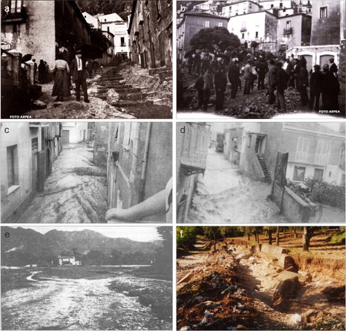 Figure 2. Evidence of historical flood events in the study areas. (a) and (b) Sala Consilina town (1927) (Maddalena Mts); (c) and (d) Piedimonte Matese town in 1966 (MateseMts); (e) Alife town in 1948 (MateseMts) and (f) Raviscanina town in 2002 (MateseMts). (Modified by CitationCaiazza, 2002).