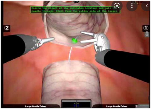 Figure 3. Example guided VR task environment for Advanced Beginner robotic surgery skills training with force feedback.