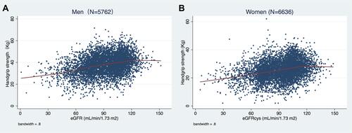Figure 3 Locally weighted scatterplot smoothing (LOWESS) curves showing associations between handgrip strength and eGFR in men (A) and women (B).