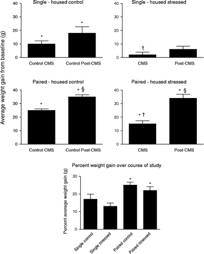 Figure 2 The difference in body weight from baseline at the CMS and post-CMS phases. Data are group means ± SEM. *p < 0.01 vs. baseline; §p < 0.01 vs. CMS. Within housing condition, significant differences between control and stressed groups are denoted by the symbol †. The boxed graph shows the percentage of average weight gain over the course of the study for each group. The * above each paired group indicates that they were both significantly different from the single-stressed group. The sample size was 11, 10, 10, and 12 rats in the single-housed control, single-housed stressed, paired-housed control, and paired-housed stressed groups, respectively.