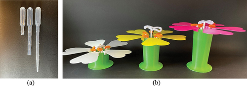 Figure 2. Mouthparts and flower models for the role-play. Figure 2a: Pipettes are cut in three different lengths. Figure 2b: The three different types of 3D-printed models used for the role-play.