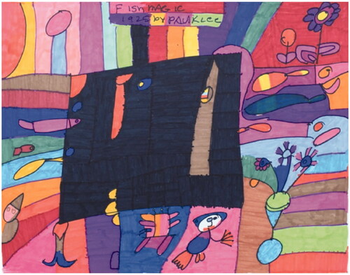 Caption: Artwork 6: Fish Magic.Image description: Marker drawing with bright colors of stripes encasing a black box. Within the box there are versions of fish like creatures that are encircled with bright stripes of color depicting flowers, and abstract objects.