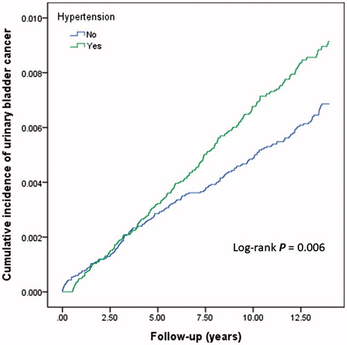 Figure 2. Cumulative incidence of urinary bladder cancer for patients with and without hypertension using the Kaplan–Meier method. Log-rank test was used to compare the curves.